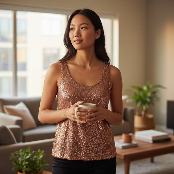 Women’s Petite Tank Top Size Small Copper Sequin Scoop Neck Lined Pullover - Picture 10 of 10